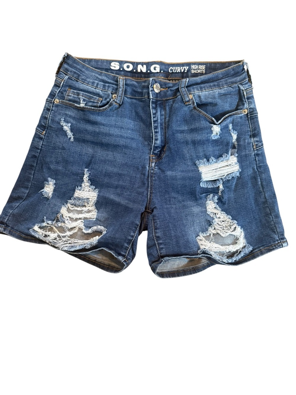 Juniors S.O.N.G. Stretchy Curvy High Rise Distressed Denim Shorts Blue Size 9/29